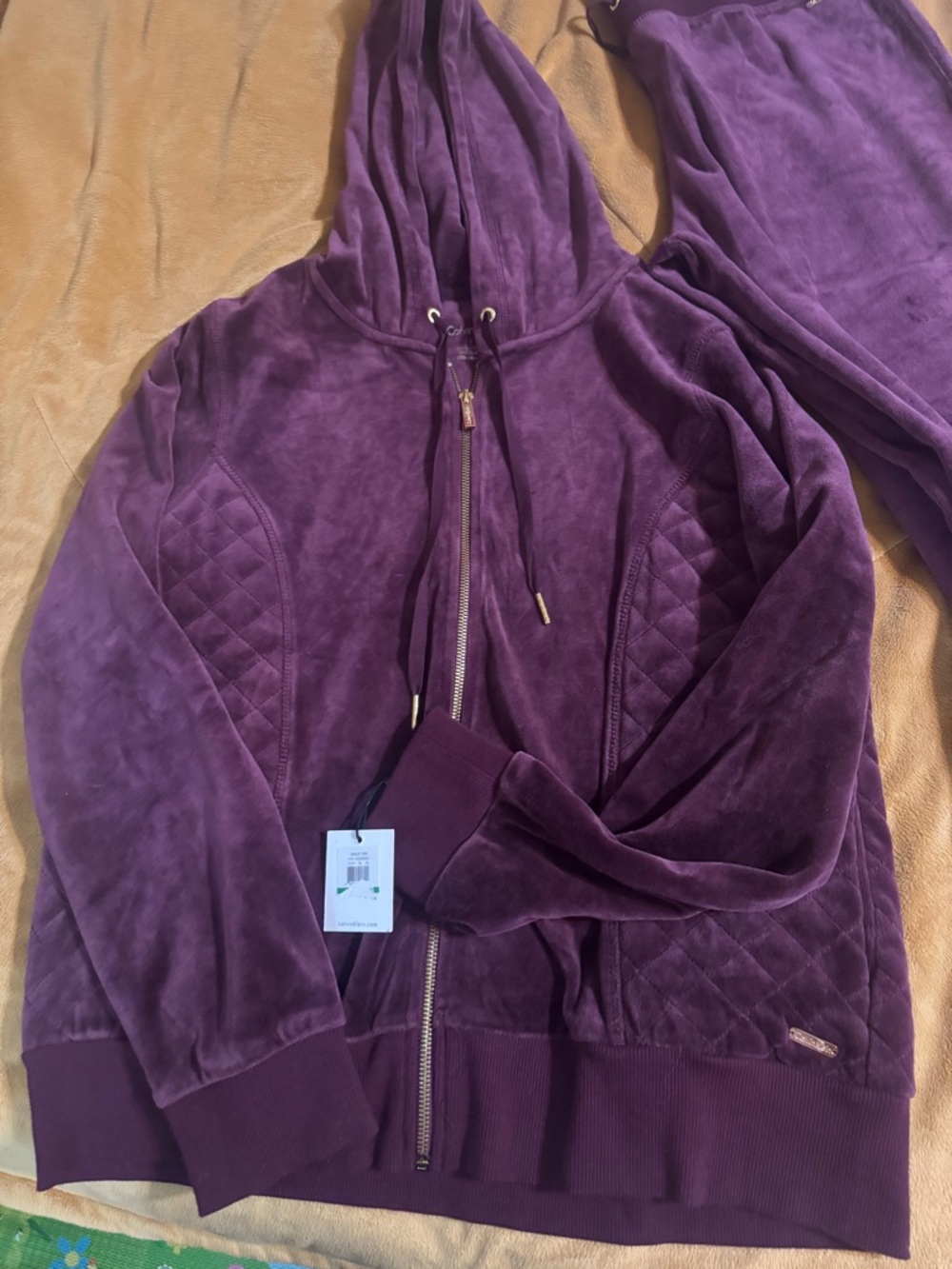 Calvin Klein Quilted Panel Velour Bomber Jacket in Plum